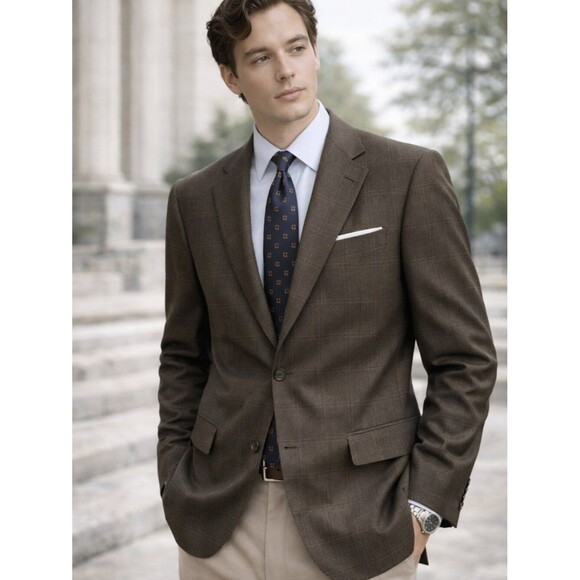 Geoffrey Beene Other - Geoffrey Beene 40R Brown Windowpane Plaid 100% Wool Blazer Classic Tailored